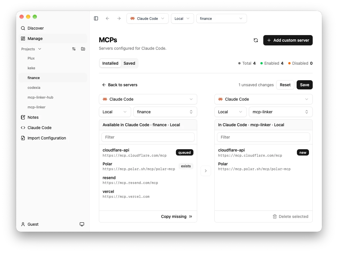 Copying missing servers between Claude Code projects